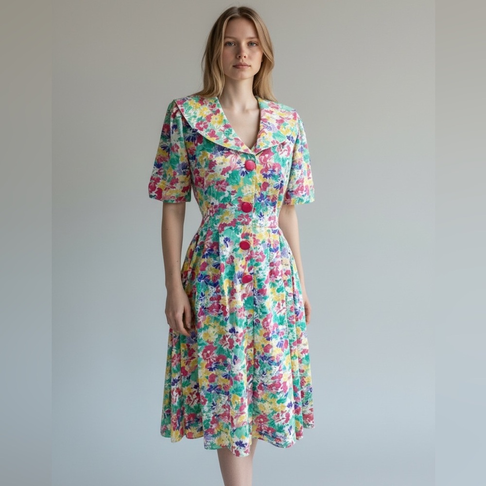 Vintage 80s Floral Button-Front Dress With Sailor Collar Size Small